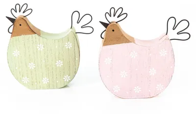 Produktbild von 2 Bunte Hühner Figuren Hahn Henne rosa grün 12,5 cm aus Holz