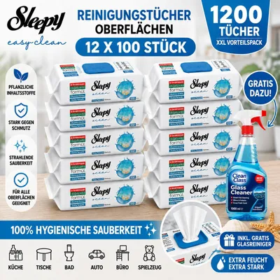 Produktbild von Sleepy Easy Clean Oberflächenreinigungstücher – 12x100 Ocean + Glasreiniger GRATIS