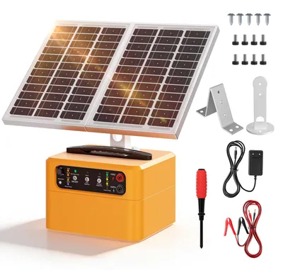 Immagine prodotto di Dispositivo solare per recinzioni elettriche - Caricatore per recinzioni elettriche per bestiame e pollame - Portata di 30 km - Pannello solare da 15 W - Batteria da 7 Ah - Regolabile da 0,3 a 1,5 J - Protezione contro i roditori - Colore: giallo