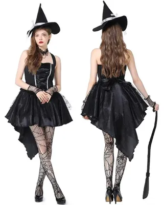 Productafbeelding van Heksenkostuum voor dames - Halloween cosplay - Tüllrok met spinnenwebprint - Heksenhoed en armstukken - Maat XL - Zwart
