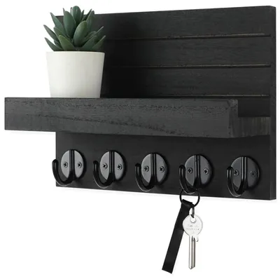 Produktbild von Schlüsselbrett mit Ablage - Wandgarderobe mit 5 Haken - Flur und Eingangsbereich - Holz Schwarz