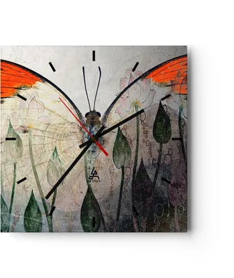 Produktbild von Wanduhr - Quadrat - Glasuhr - Schmetterling Abstraktion - 30x30cm - Schleichendes Uhrwerk - Lautlos - zum Aufhängen bereit - Dekoration Modern - Wanddekoration aus Glas - C3AC30x30-4081