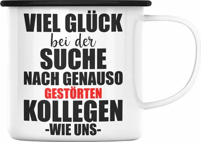 Produktbild von Trendation - Jobwechsel Emaille Tasse Geschenk Kollegin Kollege Lustig Abschiedsgeschenk Sprüche - Gestörte Kollegen (Schwarz)