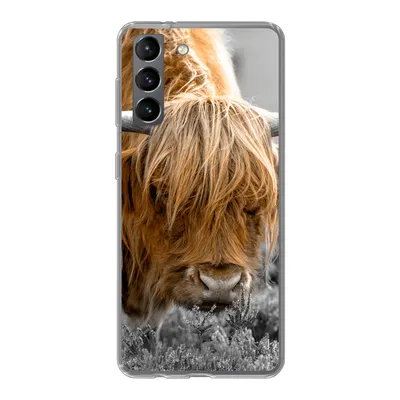 Produktbild von MuchoWow® Handyhülle Schutzhülle Hülle für Samsung Galaxy S21 Scottish Highlander - Pflanzen - Schwarz - Weiß Silikon Softcase Handy Hülle - Softcase