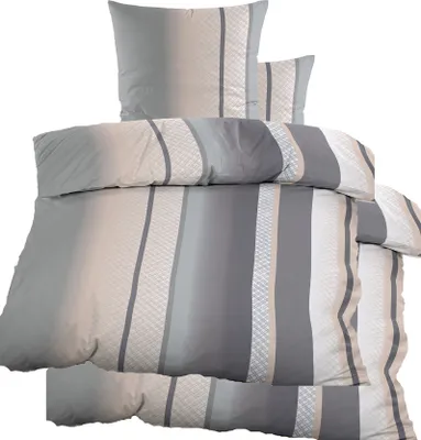 Produktbild von 4-tlg. Biber Winter Bettwäsche 2x (135 x 200 + 80x80 cm), 100% Baumwolle, grau beige, gestreift
