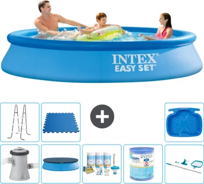 Produktbild von Intex runder aufblasbarer Easy Set-Schwimmpool – 305 x 61 cm – Blau – inklusive Pumpe Abdeckung - Wartungspaket - Filter - Reinigungskit - Leiter - Fußbad