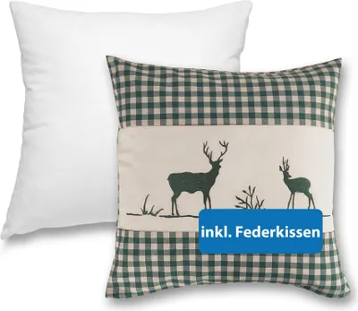 Produktbild von wometo Kissenbezug Kissenhülle 40x40 Hirsch grün mit Federkissen Füllung - Reißverschluss Landhaus-Stil Dekokissen Sofakissen Zierkissen Stick kariert heller Hintergrund