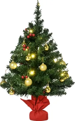A small, decorated Christmas tree with lights and ornaments on a white background.