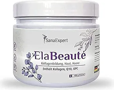 Produktbild von SanaExpert ElaBeauté, Nahrungsergänzung mit Kollagen, Coenzym Q10, OPC, Zink & Vitaminen, Kollagenbildung, Haut und Haare, Kollagenpulver, 150g