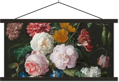 Produktbild von MuchoWow® Textilposter Stilleben mit Blumen in einer Glasvase - Gemälde von Jan Davidsz. de Heem 150x75 cm mit schwarzem Rahmen - Posterleiste
