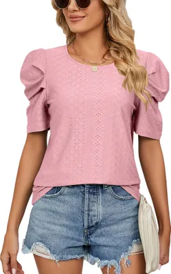Produktbild von ASKSA Damen T-Shirt Puffärmel Shirts Einfarbige Tops Rundhals Kurzarm Sommer Oberteil, Dunkelpink, S