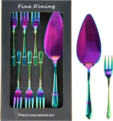 Produktbild von FURNARO Kuchenbesteckset Rainbow 7-teiliges Set aus Edelstahl in Regenbogenfarben mit Tortenheber und Kuchengabeln