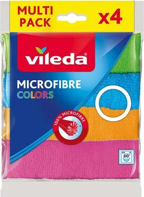 A multi-pack of Vileda microfiber cloths in various colors, presented in clear plastic packaging.