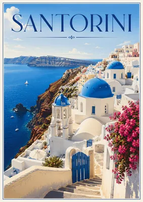 Immagine prodotto di Poster da viaggio di Santorini, formato DIN A2 – Stampa decorativa per parete con le iconiche cupole blu, il mare e la bouganville, finitura opaca