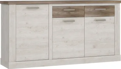 Produktbild von Sideboard "Duro" aus Holzwerkstoff in Pinia Weiss kombiniert mit Eiche Antik mit 2 Schubladen und 3 Türen. Abmessungen (BxHxT) 173,9x90,3x41,3 cm