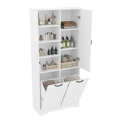 Produktbild von Merax Badezimmerschrank, Hochschrank mit doppeltem Wäschekorb, 4 offene Fächer, Badschrank mit Verstellbar, 78x35x172 cm, Weiß