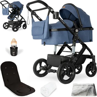 A collage of a blue baby stroller and its accessories, including a baby bottle holder, a seat liner, and a blanket.