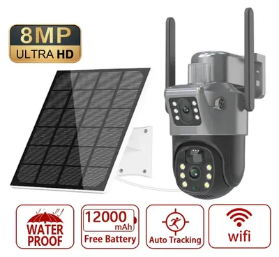 Obrázok produktu pre Solárna bezpečnostná kamera – PTZ vonkajšia kamera – WiFi – 8 MP – dvojitá šošovka – 360° panoramatický záber – detekcia pohybu pomocou PIR senzora – sivá farba