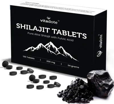 Zdjęcie produktu dla Vitadote® Shilajit tabletki – 24 000 mg czystej żywicy z Ałtaju | Kwas fulwowy | Naturalny suplement | Wegański | Bez dodatków i GMO