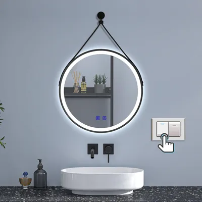 Produktbild von Rund Wandspiegel Schwarz 60cm LED Badspiegel Kalt/Neutral/Warmweiß dimmbar Touch/Wandschalter Memory Beschlagfrei Spiegel Rund mit Ledergürtel