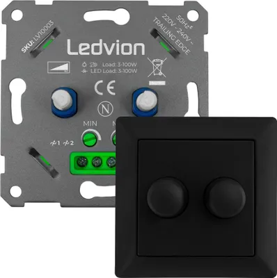 Produktbild von Ledvion - LED Doppeldimmer Schalter, Drehdimmer Unterputz Dimmschalter, Phasenabschnitt, für dimmbare LEDs 2x 3-100W, 220-240V, Schwarz Abdeckrahmen, Dimmer für LED Lampen