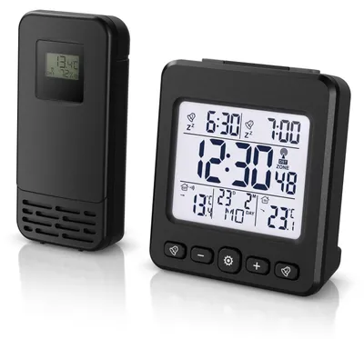 Imagen del producto de BEARWARE: Despertador de radio digital, con sensor exterior, señal DCF, indicador de temperatura interior y exterior, indicador de fecha y día de la semana, retroiluminación y 2 alarmas