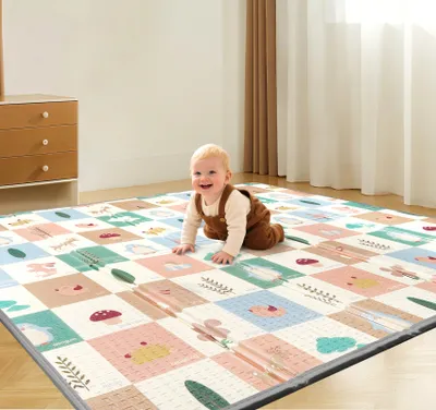 Produktbild von Krabbelmatte Baby 180x200 XXL Faltbare Spielmatte 1,5cm Dick, Wasserdichte Rutschfeste Baby Matte mit Tragetasche, Doppelseitige Design-Tiere/Pflanzen