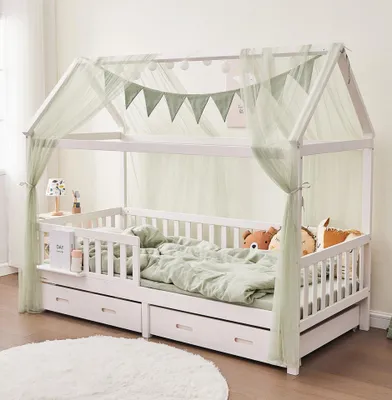Produktbild von Alavya Home Hausbett CLOUD 90 x 200 cm Komplett-Set – Massivholz Buche mit Schublade, Kindermatratze COZY (Kaltschaum) und Polyester Dekoset Khaki