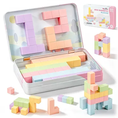Imagen del producto de Mini bloques magnéticos. Juego de construcción magnético con lata de metal. Set de viaje de bloques magnéticos para niños. Juguete Montessori. Regalo. Color rosa
