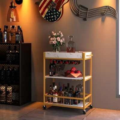 Produktbild von Servierwagen mit Rollen - Elegant und Funktional - Weißer Marmor und Gold