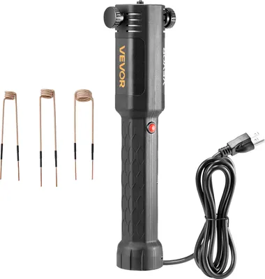 A VEVOR induction heater and three replacement coils are displayed against a white background.