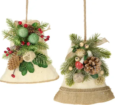 Produktbild von Rustikale Weihnachtsglocken Dekoration Tannenzweige Zapfen Jutekordel, 2 Stück