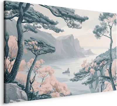 Produktbild von Vliesstoff Leinwandbild - Mountainous  with Trees and Rocks in Light Pastel Blues 120x80 cm Landschaften c-H-10045-b-a