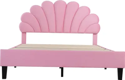 Produktbild von Flieks Polsterbett 140x200cm Samt mit Blumenform-Kopfteil und Lattenrost Doppelbett Kinderbett für Damen Kinder Jugend