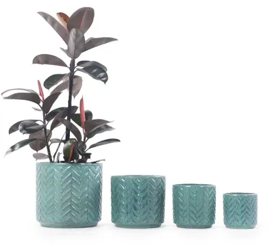 Produktbild von Keramik-Pflanzgefäß, Durchmesser 38 cm, handgefertigt, Fischgrät-Relief, atmungsaktiv, frostsicher, mit Ablauföffnung. Farbe: Aqua Blue