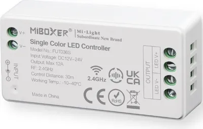 A white Mi-Light single color LED controller is shown against a white background.