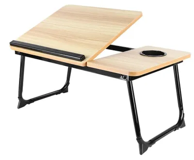 Zdjęcie produktu dla Stolik bambusowy – stolik do łóżka na laptopa – składany – regulowana, antypoślizgowa listwa – do czytania i pracy z laptopem – drewno – kolor naturalny