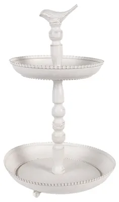 Productafbeelding van Clayre & Eef etagère met 2 lagen, diameter 27 cm, hoogte 41 cm, wit, metaal, met vogelmotief