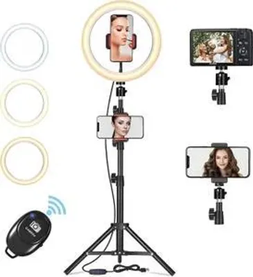 Productafbeelding van Ringlicht mit Stativ, 10 Zoll Ringlicht met afstandsbediening, met 63 inch statief, selfie ringlamp met 3 kleuren en 10 helderheidsniveaus.