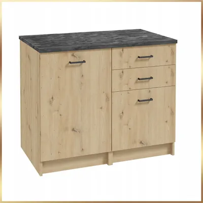 Produktbild von Küchenmöbel Set Eiche Artisan 100cm Arbeitsplatte Beton Schwarz 2 Unterschränke Schubladen Türen Küchenzeile Modulküche Küchenblock