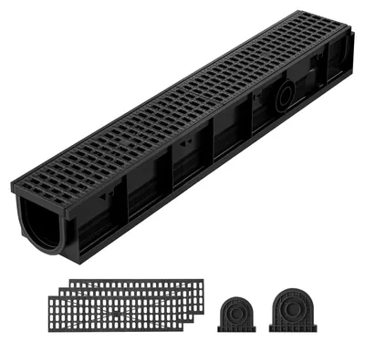 Image de VEVOR, 3 pièces. Caniveau de drainage en plastique, 1020x154x140mm, caniveau pour terrasse avec grille et bouchons d'extrémité, capacité de charge de 1,5 tonne, débit maximal de 15,9 m³/h, système de drainage pour jardin, allée, cour