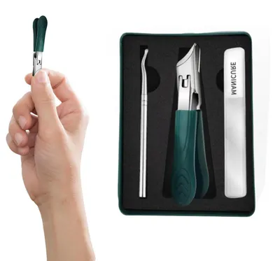 Produktbild von 3-teiliges Nagelknipser Set mit Adler-Schnabel-Winkel, Auffangbehälter, Nagelfeile, Grün