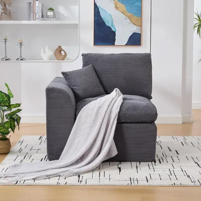 Image de MODFU Canapé 1 Place Gris - Fauteuil en Velours Côtelé, Housse Amovible et Coussin Inclus - Confort Mousse + Ressorts