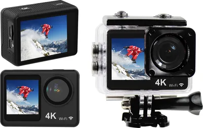 A collage of three action cameras, one in a waterproof case with mounting accessories.