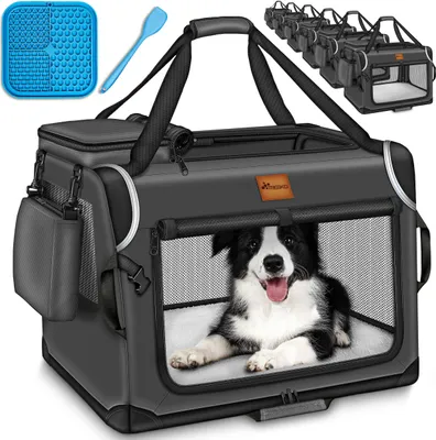 Produktbild von TRESKO® Hundebox faltbar Anthrazit (XXXL 102x69x69cm) inkl. Leckmatte, Spatel & Reflektoren | Transportbox für Hunde und Katzen | Hundetransportbox für kleine & große Hunde | Hundetasche robust