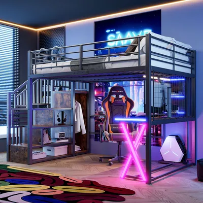 A modern gaming bedroom setup featuring a loft bed with integrated desk and storage, a gaming chair, and computer equipment.