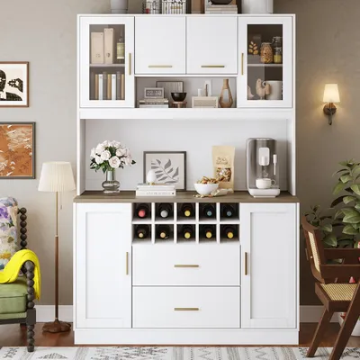 Image de Flieks Cuisine Armoire haute avec Led, Buffet de cuisine avec Usb et prise électrique, Armoire de cuisine avec espace de rangement, 120x36.3x180cm, Blanc