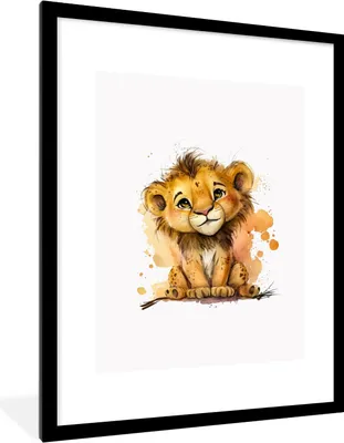 Produktbild von MuchoWow® Gerahmtes Poster Löwe - Aquarell - Braun - Tiere - Mädchen - Jungen 60x80 cm - Poster mit Schwarzem Bilderrahmen Wandposter Rahmen Foto Bilder - Wohnzimmer - Dekorationen - Prämie