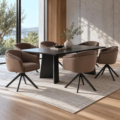 Immagine prodotto di Set di 6 sedie da pranzo modello HWC-R24, sedie da cucina, girevoli, in metallo, con rivestimento in ecopelle o tessuto/tessuto, colore marrone scuro