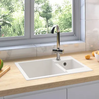 Produktbild von vidaXL Küchenspüle mit Überlauf Doppelbecken Weiß Granit